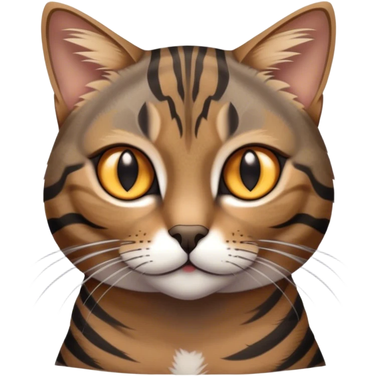 Cinematic Noble Grey and Black Brown Tabby Cat Portrait Emoji, Poised and regal, with sleek grey-brown fur featuring bold black tabby stripes and a distinct M-shaped marking on the forehead, bright amber eyes, Simplified yet sharp and sophisticated features, highly detailed, glowing with a soft, dignified glow, high shine, intelligent and graceful, stylized with an air of elegance, focused and attentive, soft glowing outline, capturing the essence of a watchful and refined feline, so majestic it feels as though it could glide across the screen with effortless confidence! emoji