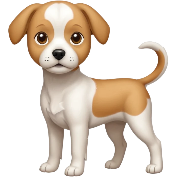 a full body white beagle x maltese x chi dog the size of a kelpie with light brown ears and a light brown patch on one eye emoji