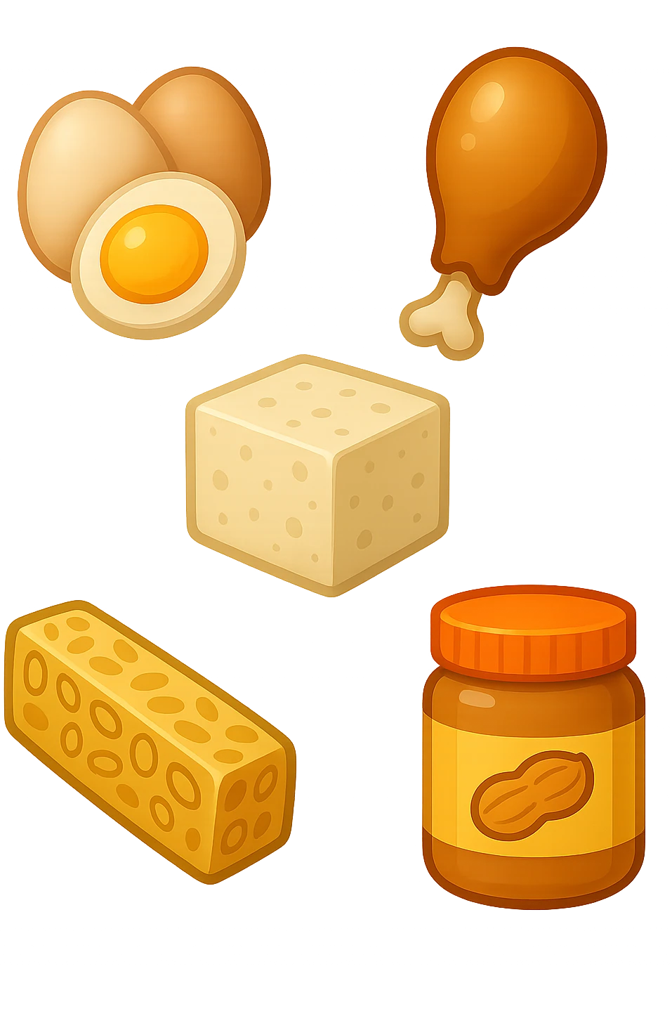 EMOJI STILE IPHONE DI
 uova, pollo, tofu, tempeh, burro di arachidi
, fluttuano in aria REALISTICA 4K emoji