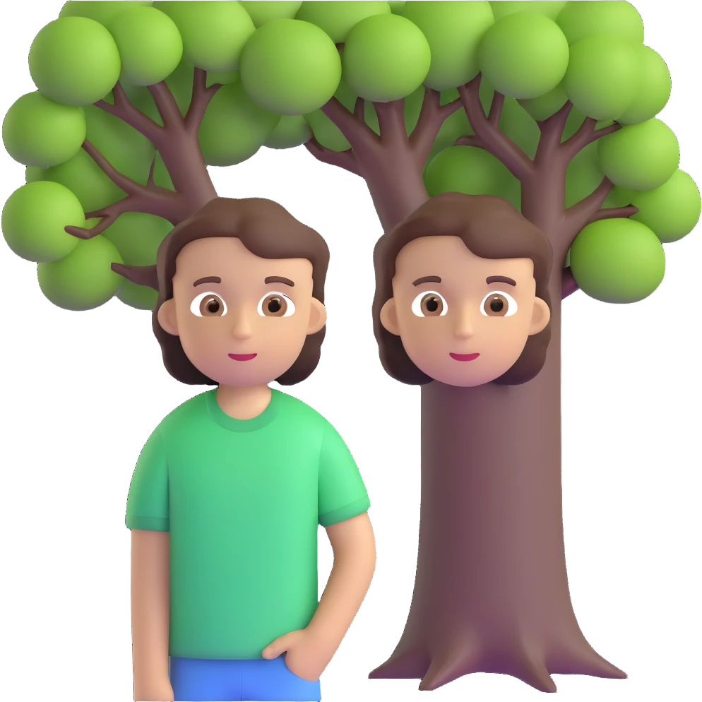 boy with brunette hair brown eyes and tree behind emoji
