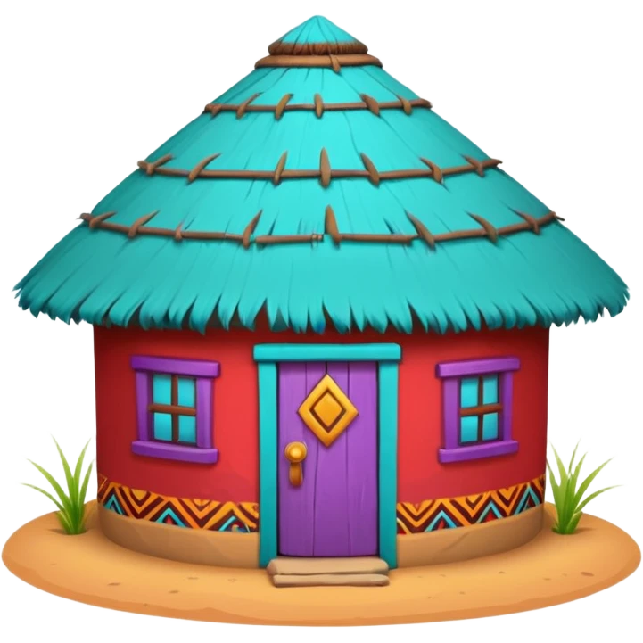 African mud hut tribal house, round adobe clay hut, thatched roof, bright colorful paint, walls in turquoise, red, yellow, purple, tribal patterns, cute mobile game icon, 3D cartoon, soft shadows, clean background, no text, no watermark emoji