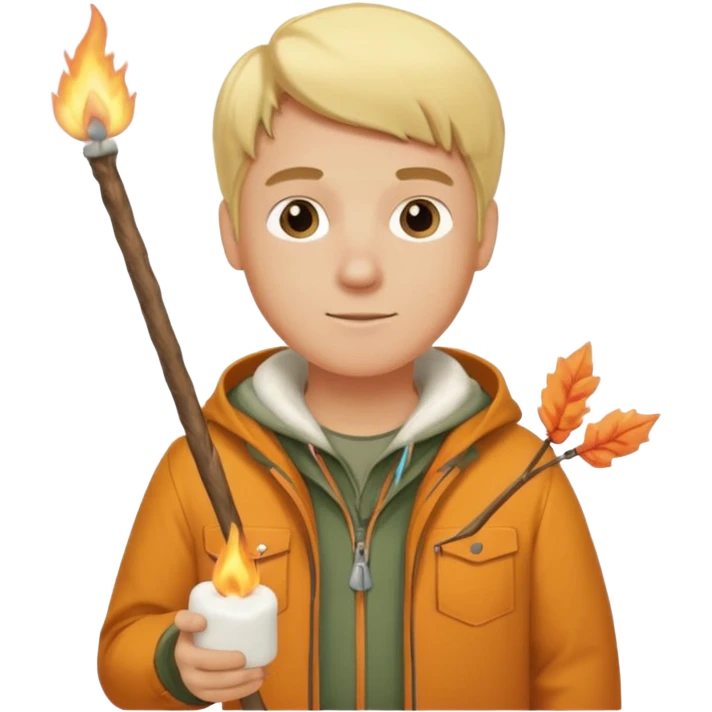 bşonde male with camping clothes holding marshmallow stick emoji