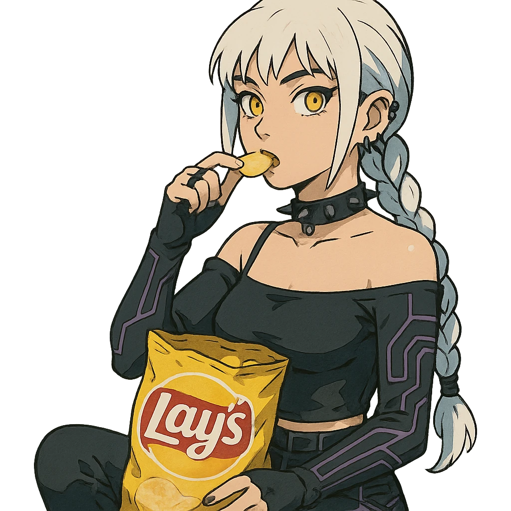  she is snacking out of a huge bag of lays-chips, a closeup portrait of young woman with gold yellow eyes, white hair, long braid, black off-shoulder top d-cup, punk gothic style, futuristic cyberwave cyberpunk, sitting position
 emoji