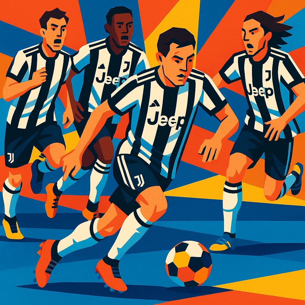 Juventus players in action during a match, dynamic and energetic emoji