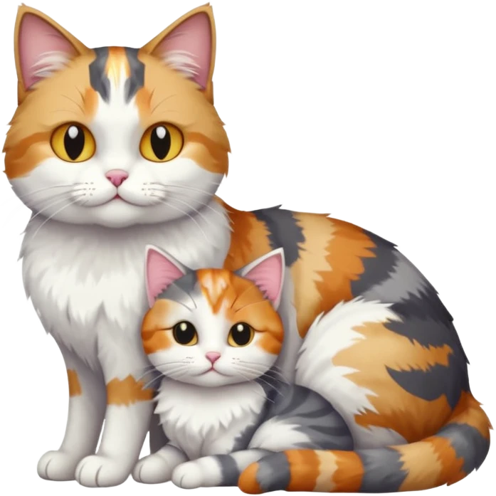 full body colourful light patched calico + white tabby cat cuddling a grey and white cat  emoji
