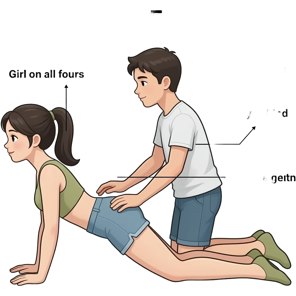 doggy style educational diagram, girl hands-knees facing away, boy kneeling behind rear-entry, clean black outlines neutral colors, no nudity no explicit details labels arrows "Girl on all fours" "Boy behind" "Spine alignment", title "Doggy Style Educational", textbook minimal shading clinical style emoji