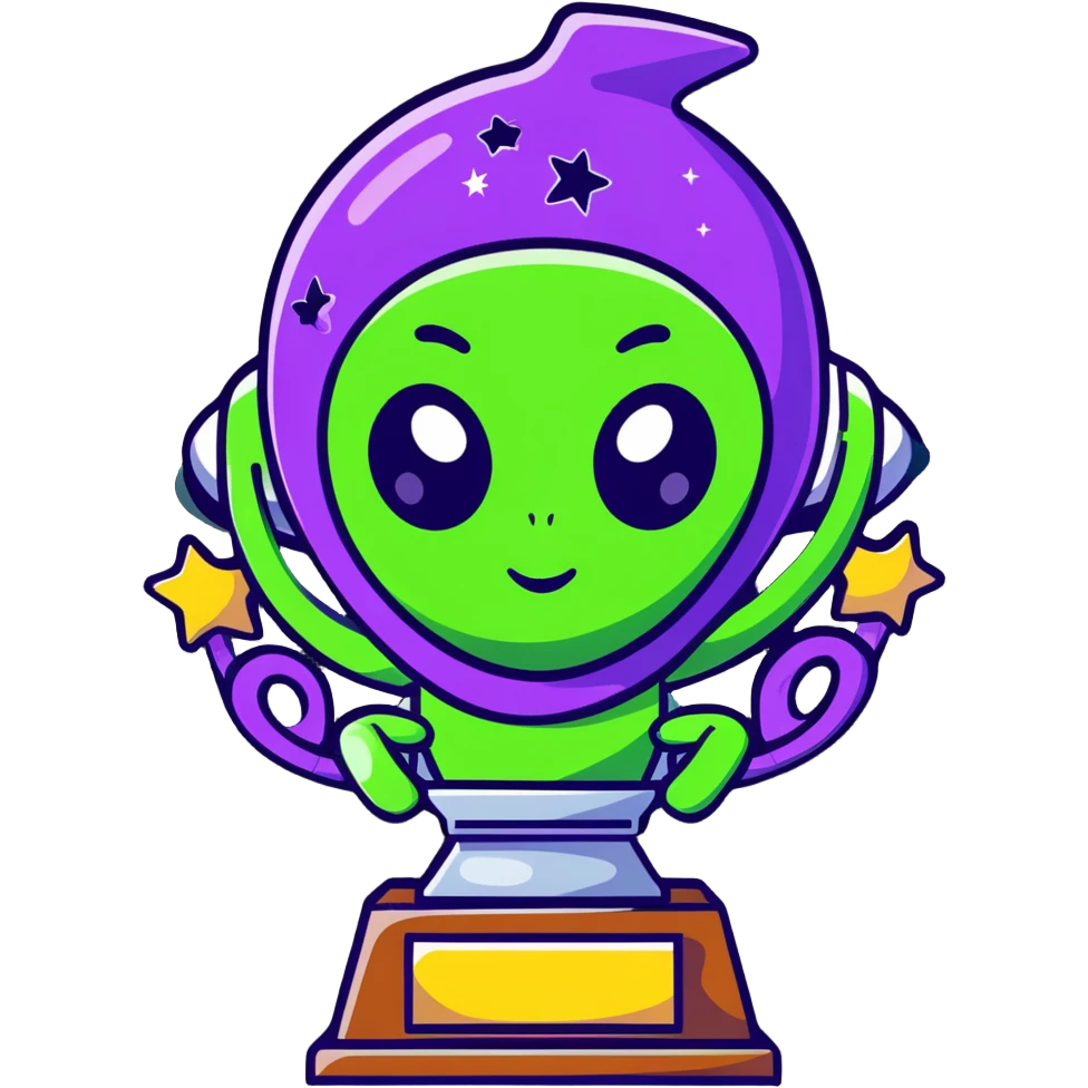 An alien trophy award with swirling cosmic colors, deep space nebula hues, and star patterns emoji