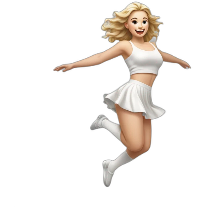 Hyperrealistic Full body Caucasian curvy beauty jumping short white skirt back and front views strong wind knickers long white socks emoji
