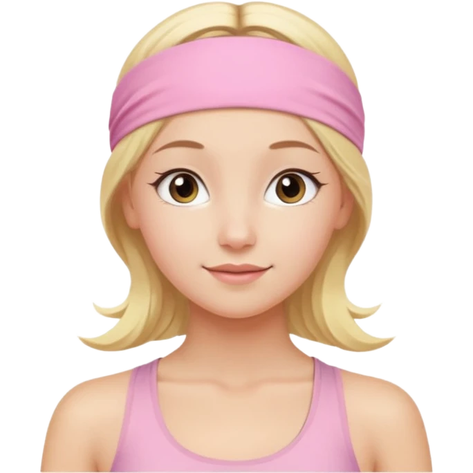 close-up of a beautiful angelic blonde girl's face, fresh and lively gaze, light pink yoga headband emoji