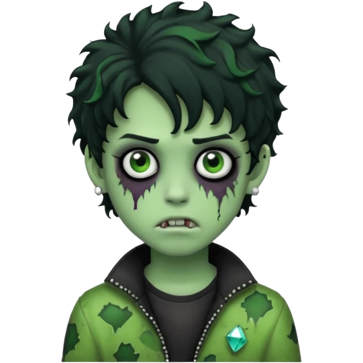 boy zombie with curly black hair emo green skin and diamond stud earrings emoji