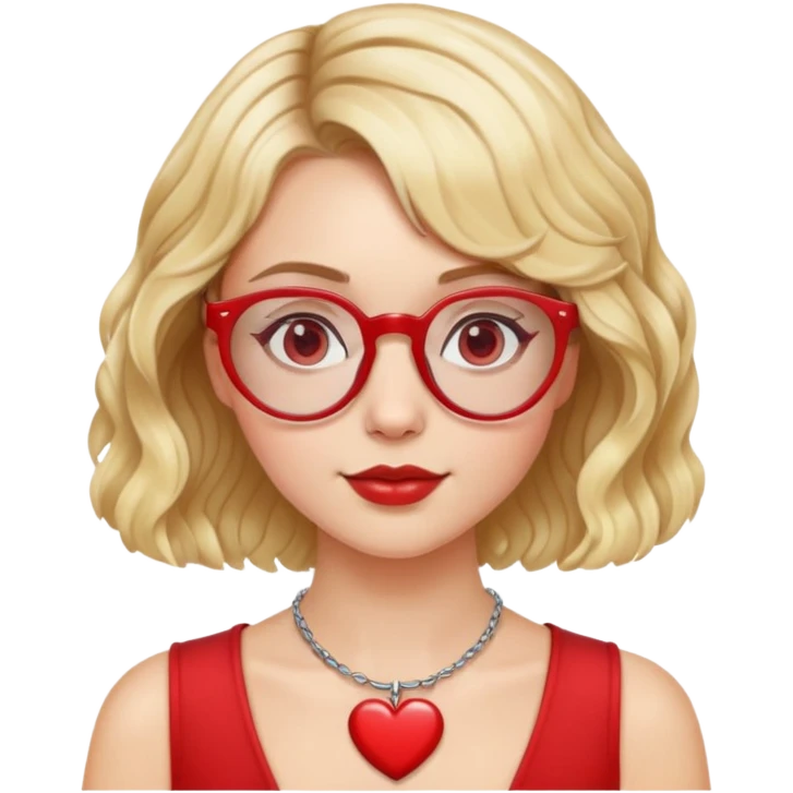 white girl head with short wavy blonde bob hair, red round glasses, heart necklace emoji