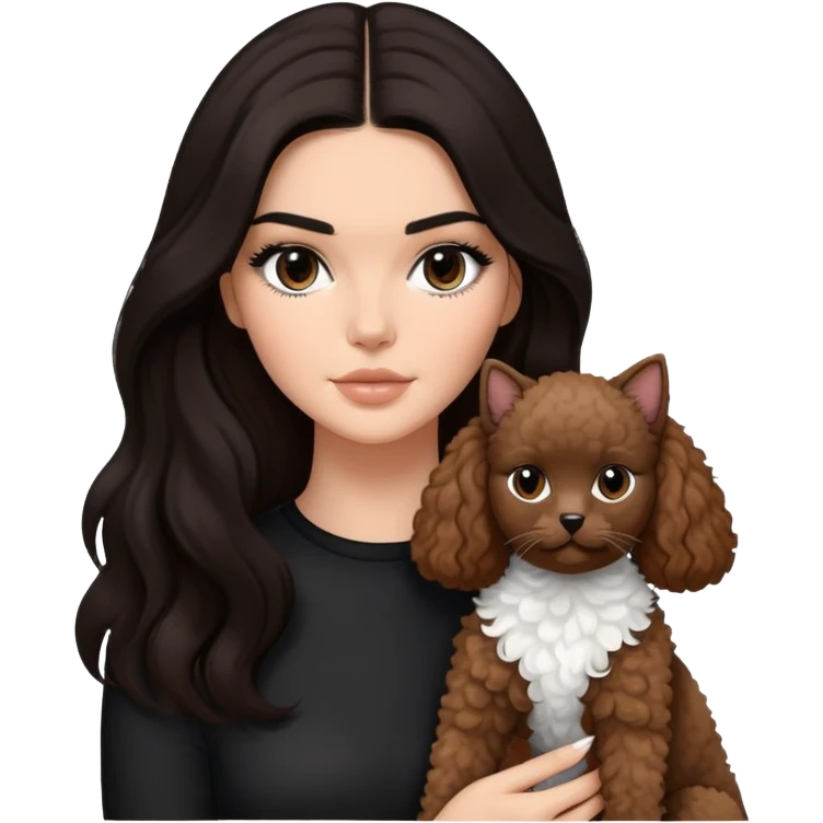 Kendall Jenner with long dark hair, holding a brown poodle and a black and white cat emoji