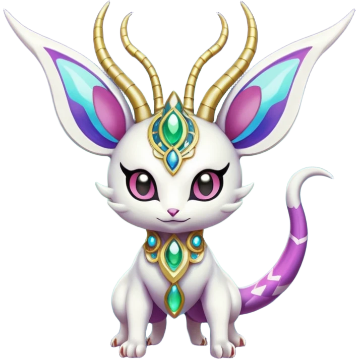 Shiny Horned Antenna’d Colorful Futuristic Ornate Oriental Painted Asian Fae-Vernid-Trico-Meloetta-Latias-Koraidon-Peppercat-Protogen-Pokémon-Digimon-Fakémon-fusion-hybrid-creature emoji