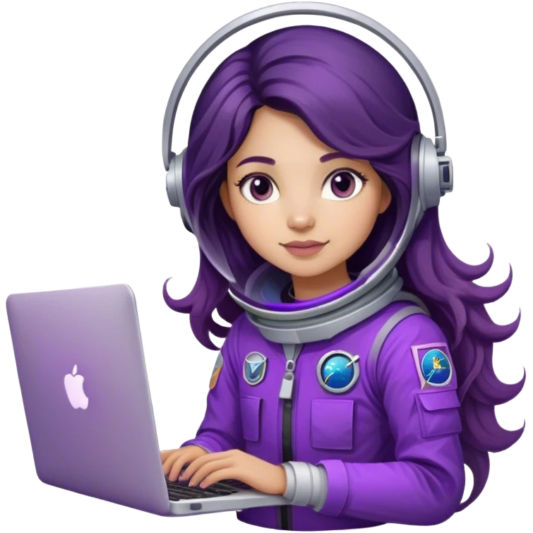 girl astronaut with purple suit, long ombre black/brown wavy hair and one macbook emoji