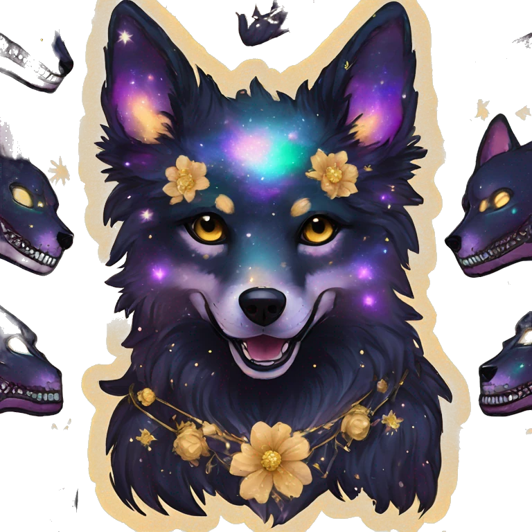 Black iridescent fluffy dog fox head zombie skull skeleton gold mechanical nebula galaxy stars colorful flowers fairy lights vintage emoji