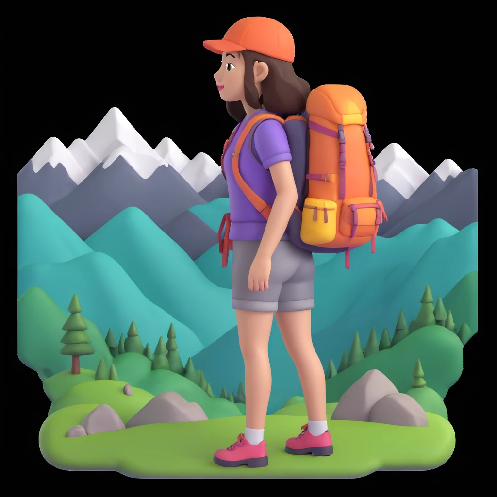 portrait of girl back packing mountains in background, close up pose emoji