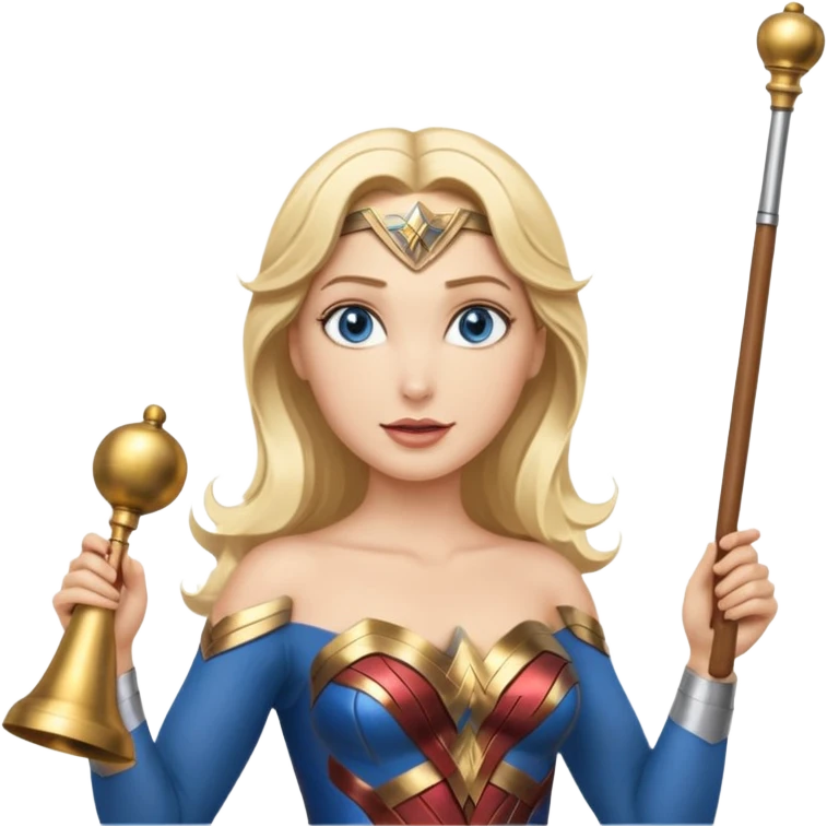 Blonde blue eyes Wonder Woman holding bell and short white orchestra conductor’s baton  emoji