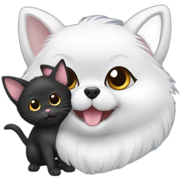 white pomeranian, black cat and gray mouse hug emoji