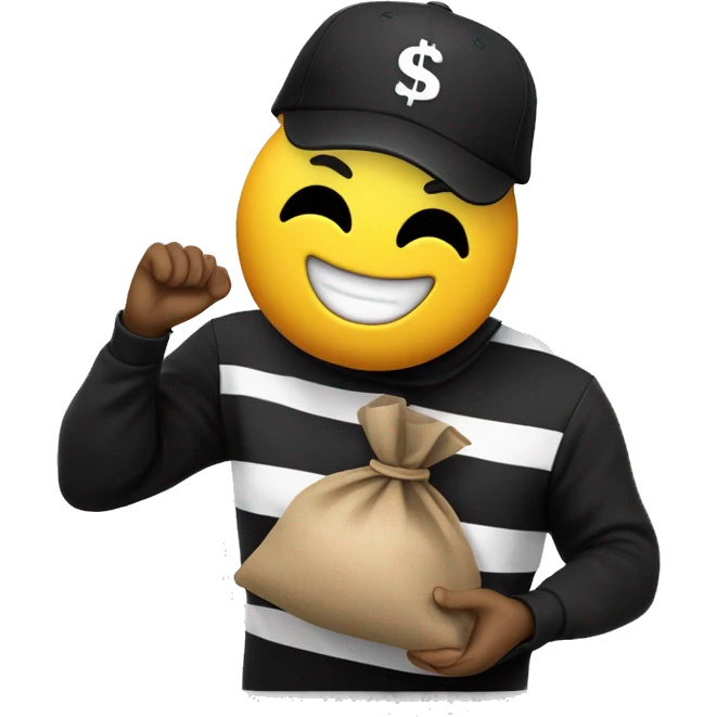 A yellow-faced emoji with a black mask, striped shirt, and a black cap smiles while holding a dollar-signed sack. The expression is friendly and playful. A normal emoji job position  emoji