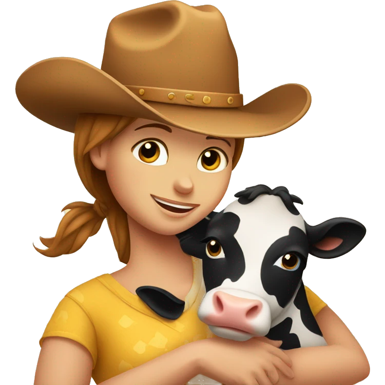 Mother cow hugs her daughter and puts a cowboy hat on her head emoji
