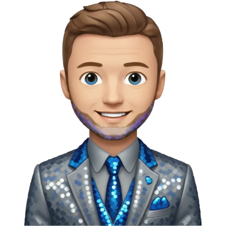 Justin Timberlake with light brown hair, blue eyes, sequin grey suit jacket emoji