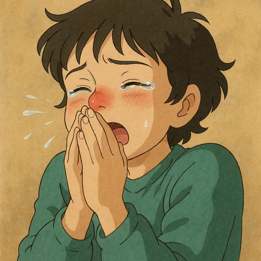 allergic face with red nose, watery eyes, sneezing, ghibli style emoji