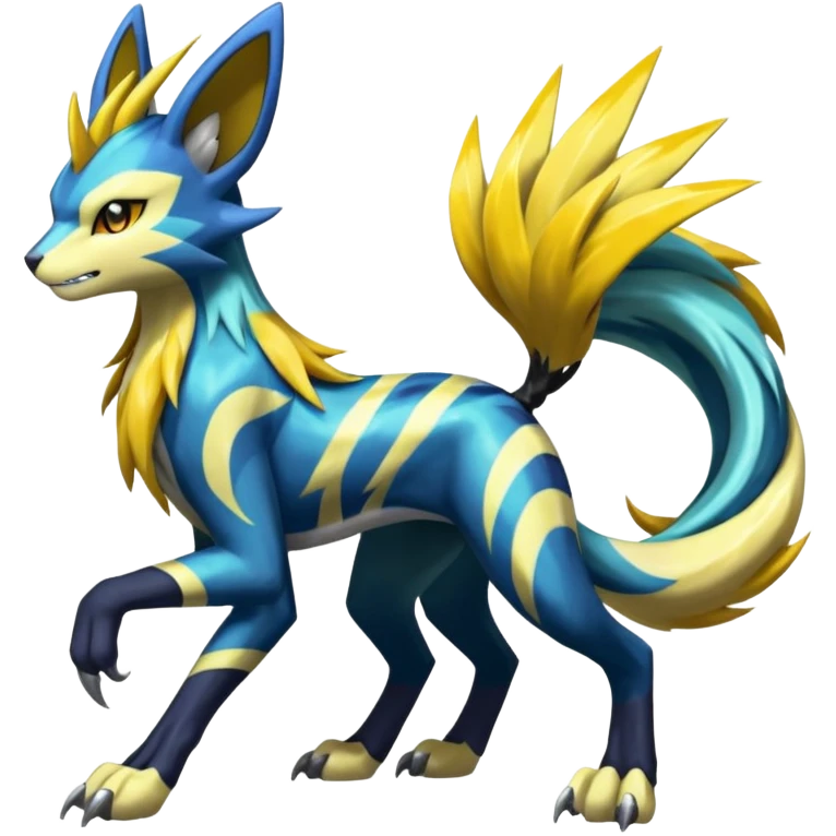 Feral Scaly Striking Slaying Badass Evil Handsome Lightning-patterned Zig-zagged buzzy fuzzy Meloetta-Renamon-Zeraora-Luxray-Cobalion-Suicune-Vernid-fusion-hybrid-creature, full body  emoji