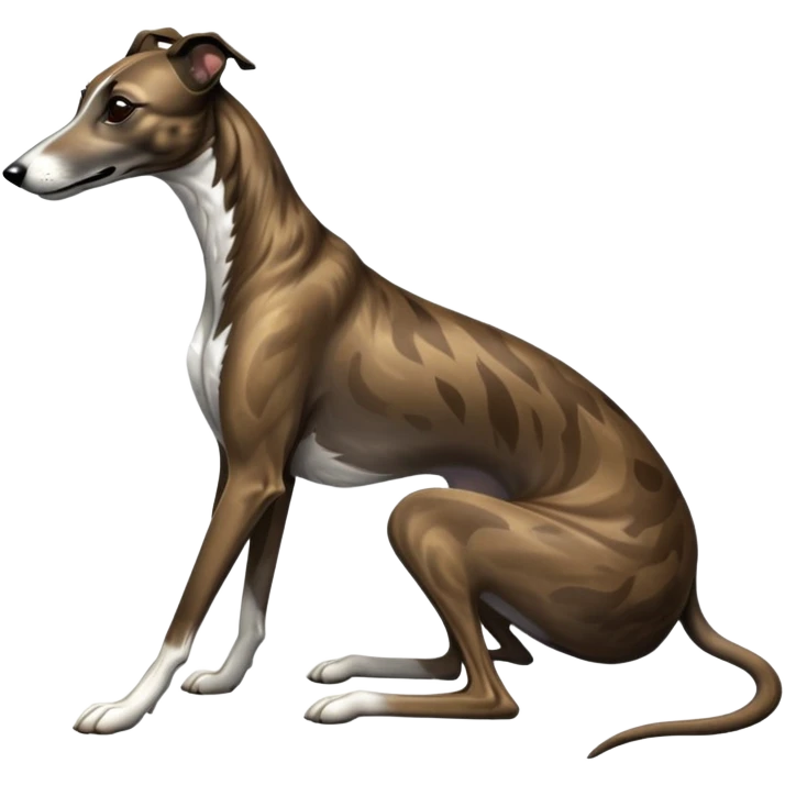 cinematic-[brindle greyhound]-realistic-full-body-sitting-emoji,-tail-resting-loosely-beside-its-paws,-head-tilted-dramatically, -sleek-[dark brindle]-fur,-simplified-yet-realistic-focused-features,-highly-detailed,-glowing-with-an-almost-sarcastic-glow emoji