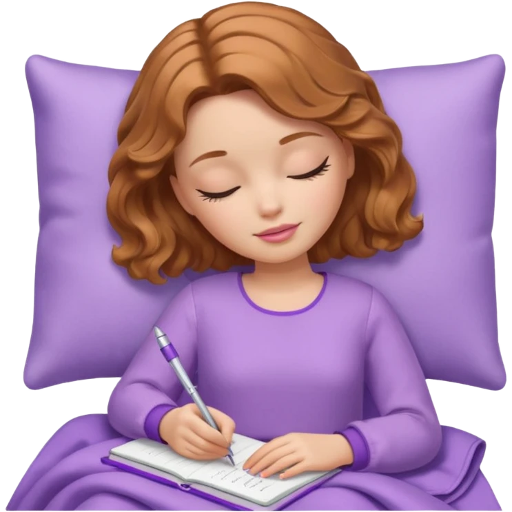 White Barbie girl Chestnut bob wavy hair sleeping with In lavender clothes, he writes in a notebook emoji