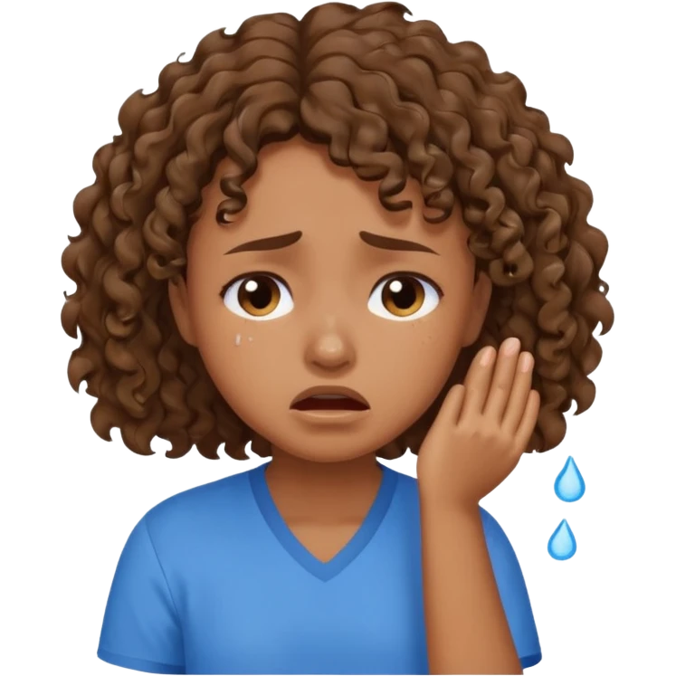 young curly hair girl, brown hair, with a blue shirt, in despair crying emoji