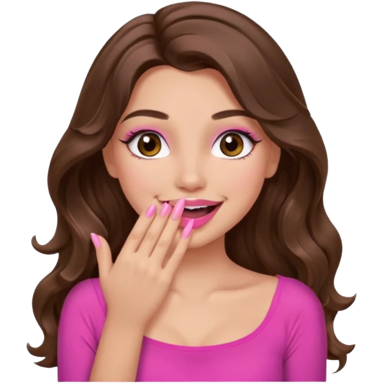 girl with long wavy brown hair, brown eyes, long lashes makeup, pink lips, light to medium complexion, pink sexy top, smiling, hand covering the mouth, giggling emoji