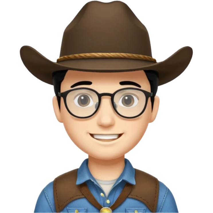 Smiling boy with cow boy hat and black hair  . With chin strap and black glasses  emoji