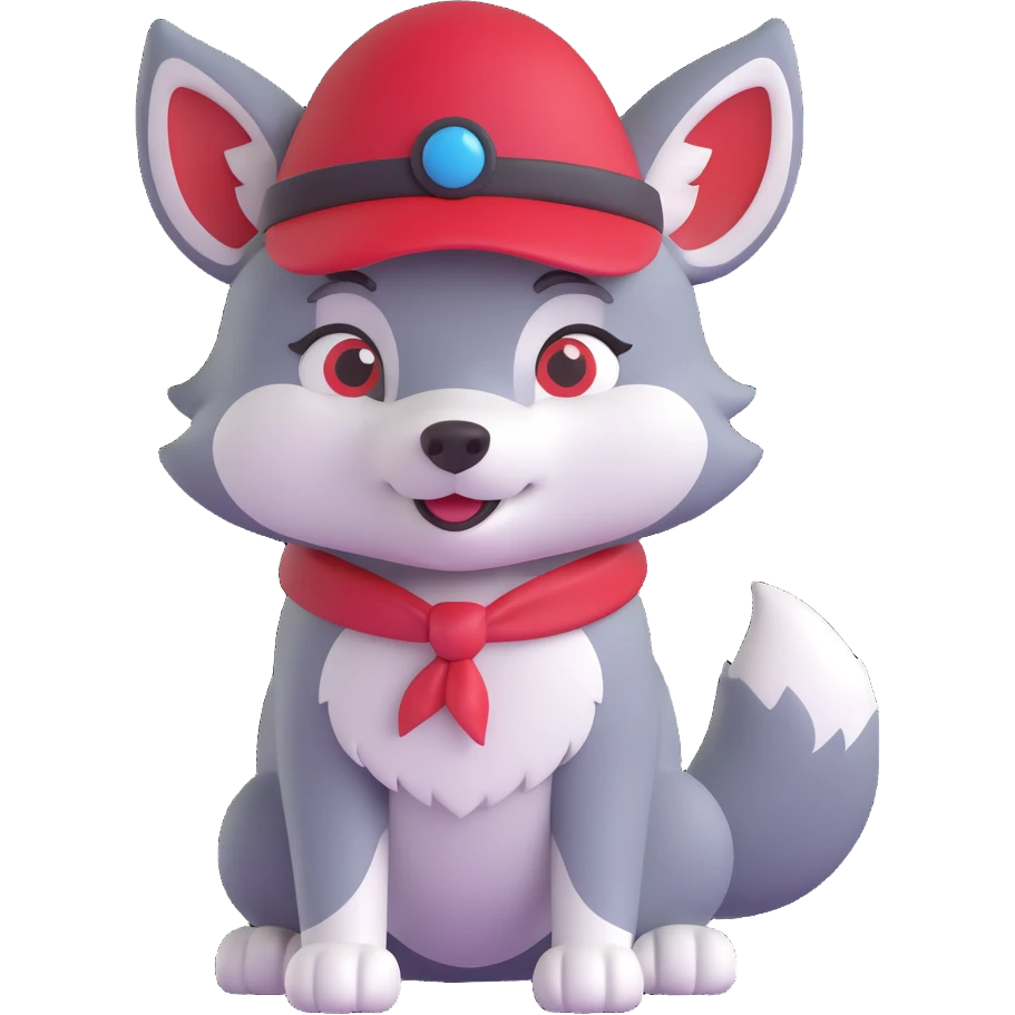 cute wolf wearing a red hat, clear and adorable, icon style emoji