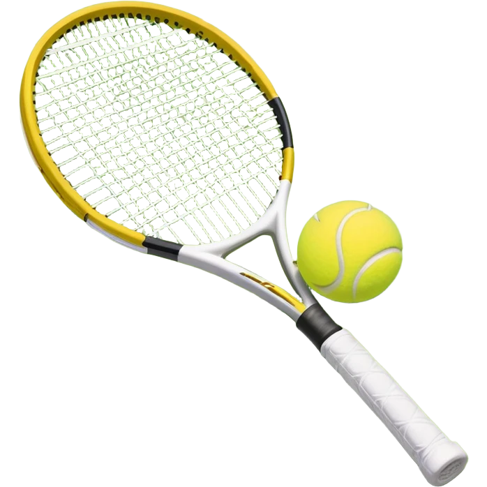 A tennis racket with a bright yellow tennis ball resting on it, set against the backdrop of a well-maintained tennis court. The scene emphasizes the smooth lines of the court and the focus on the ball and racket, symbolizing the elegance and precision of the sport emoji