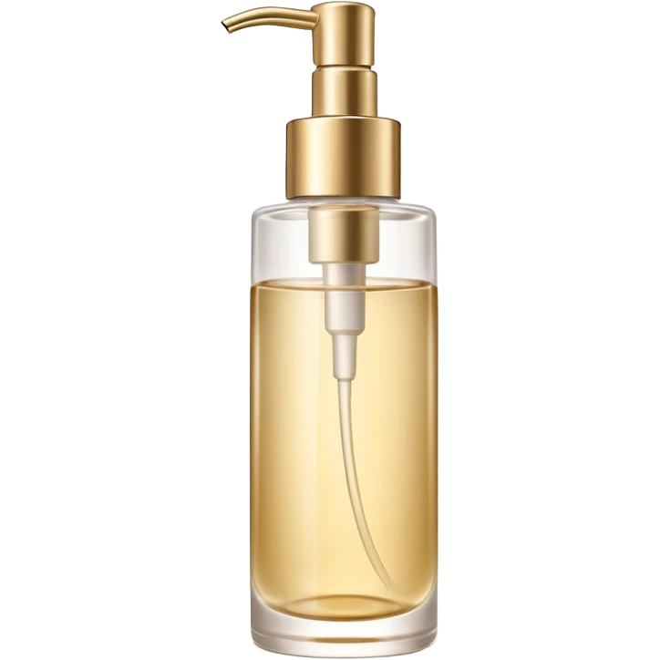 elegant semi-transparent pump bottle filled with pale golden to clear liquid, slightly glossy and lightweight, cylindrical bottle with curved pump top and clean lines, skincare product style, no label, no extras, soft lighting, subtle shadows, emoji scale emoji