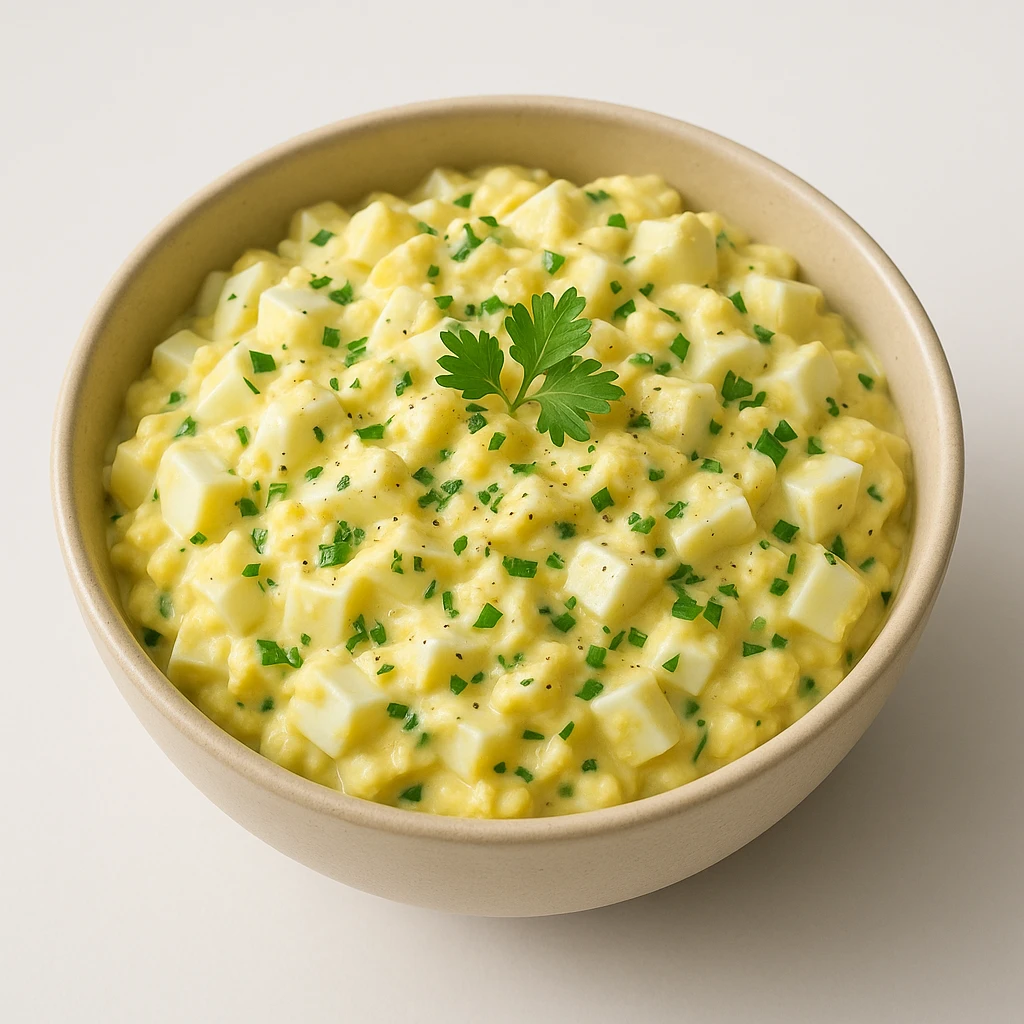 bowl with egg salad, garnished with herbs, isolated, appealing look emoji