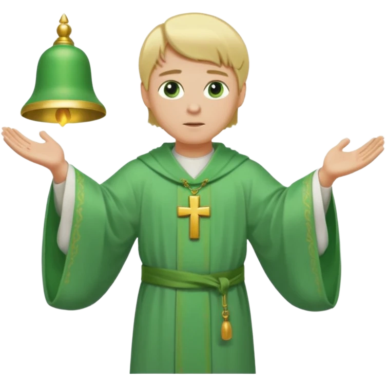 a priest, green eyes, blonde hair, light green wide, flowing, bell-shaped outer robe. opening arms, gazing thoughtfully. Soft light, subtle fern. Waist-up, profile. emoji