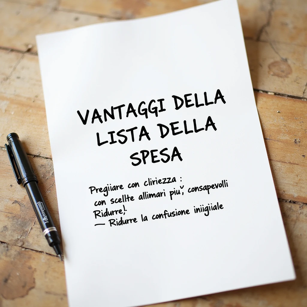 top view of a sheet of paper with handwritten text in pen: 'VANTAGGI DELLA LISTA DELLA SPESA: Iniziare con chiarezza Prendere confidenza con scelte alimentari più consapevoli Ridurre la confusione iniziale', hyperrealism, 4K resolution, no background emoji