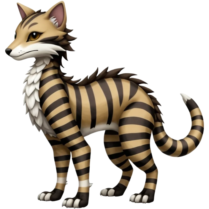 Brown and black and white patterned fantasy feline-vernid-sergal-fursona animal creature with a tufted tail full body with intricate markings  emoji
