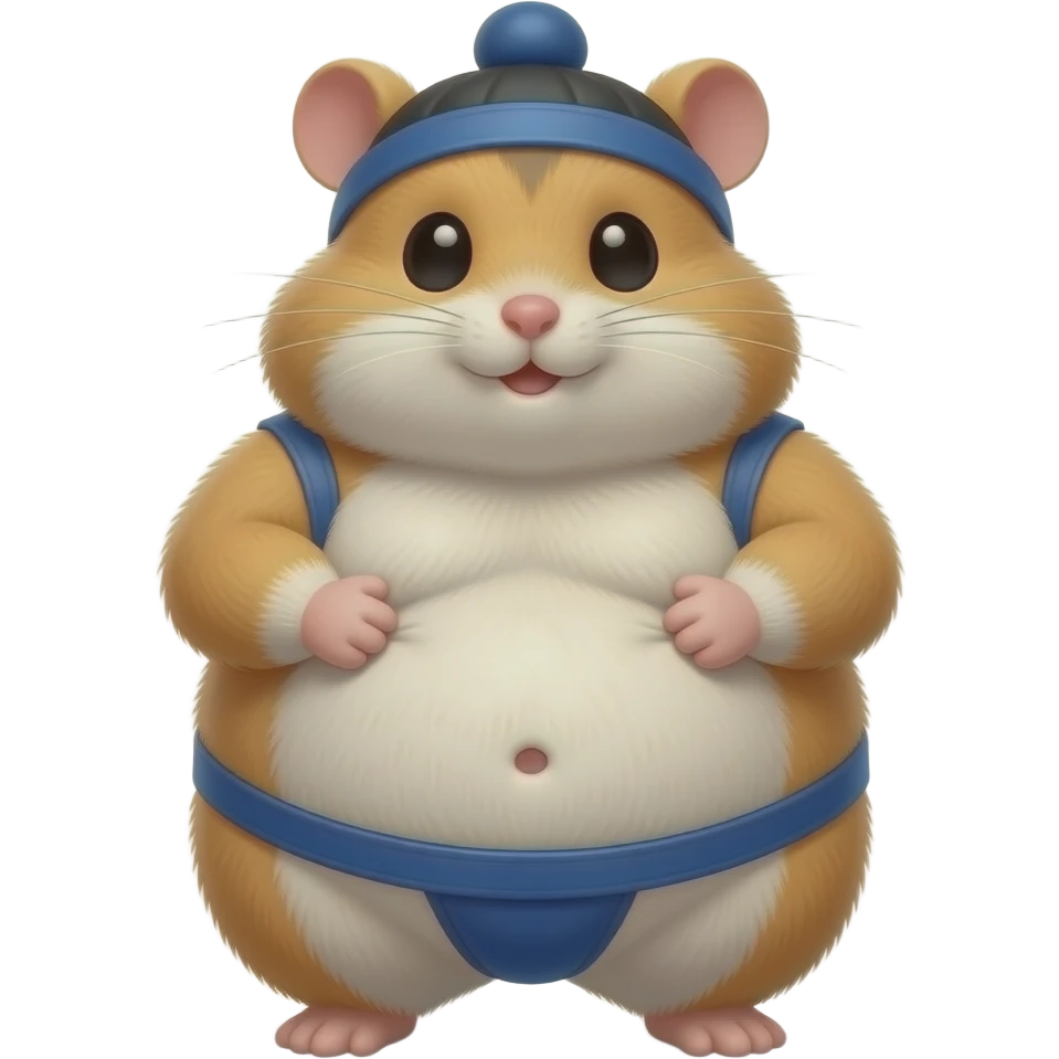 A cute female hamster,suited to be a sumo wrestler,she rubs her huge overstuffed stomach,a cute little bellybutton poking out of her fur,she is massively fat. emoji