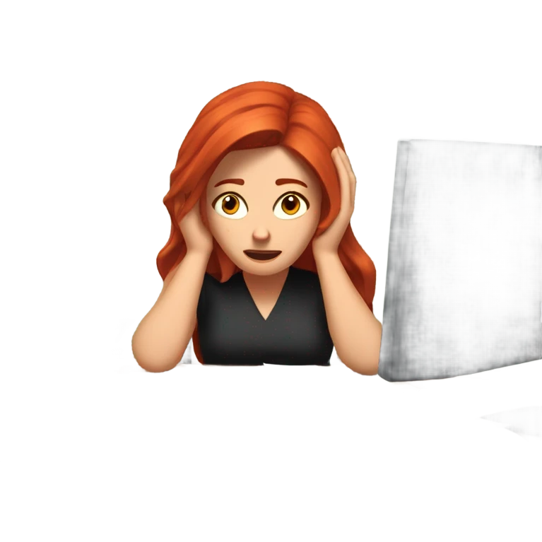 red hair woman glass frustrated desk monitor stack paper emoji
