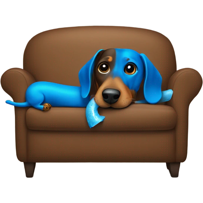 Dachshund eating a blue bone on a brown couch emoji