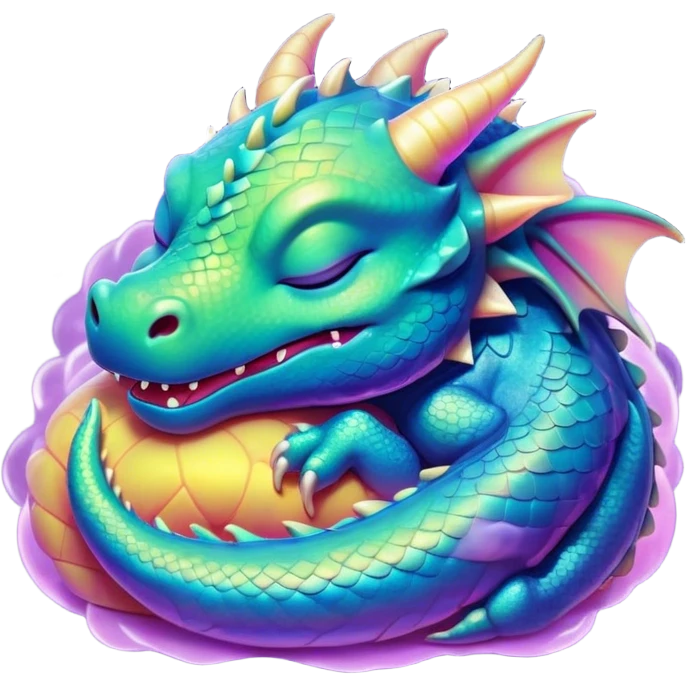 Meme-Worthy Cute Sleeping Dragon Portrait Emoji, Head resting peacefully with a contented smile, showcasing a sinuous, graceful build and a luxuriously soft, iridescent scaled body, eyes gently closed in serene, magical slumber, Simplified yet hilariously adorable features, highly detailed, glowing with a soft, drowsy mystical light, high shine, relaxed and utterly lovable, stylized with an air of playful fantasy, soft glowing outline, capturing the essence of a sleeping dragon that feels destined to become the next viral sensation of enchanted rest! emoji
