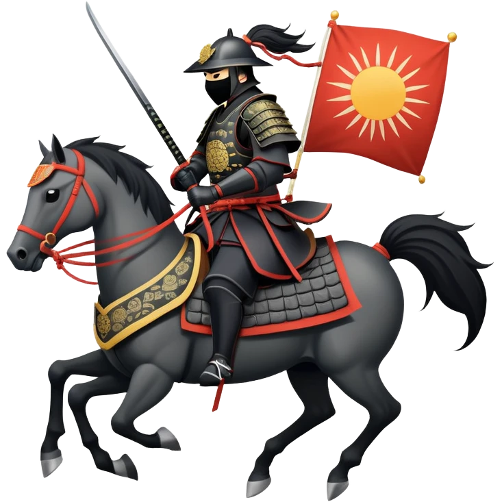 clash-of-clans-aesthetic_-cinematic-fearsome-and-majestic-samurai-bust-portrait-emoji, rendered in a flat, vector-style with minimal shading and bold, simplified shapes typical of emoji art, depicting a battle-hardened samurai with black mask and traditional black Japanese armor. The samurai is riding a noble grey warhorse adorned with an intricately designed saddle and fluttering banners and a rising sun. a samurai on a   horse emoji