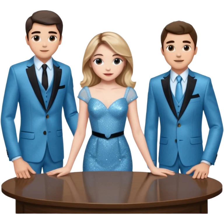 Sabrina carpenter in a light blue sparkly dress at a table with 3 handsome men, and she is standing up reaching over  emoji