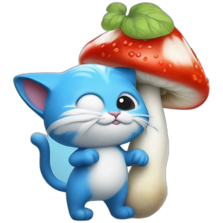 blue smurf cat with a white mushroom fungai hat also with berries on his back and a stick poking into the berries with a snail poked into it emoji