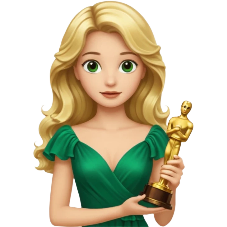 blonde model, brown eyes, long wavy hair, oscars red carpet, emerald green, holding oscar emoji