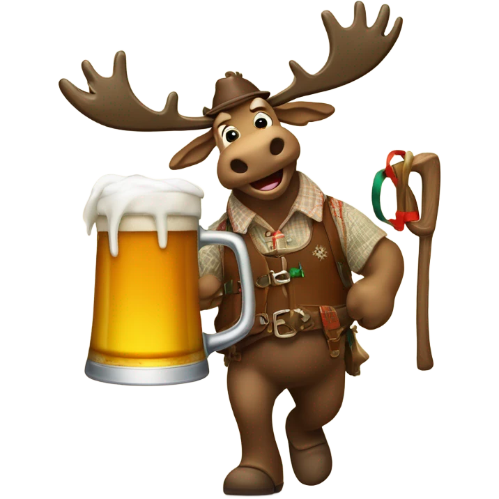 A moose with lederhosen skiing downhill holding a large stein of beer emoji