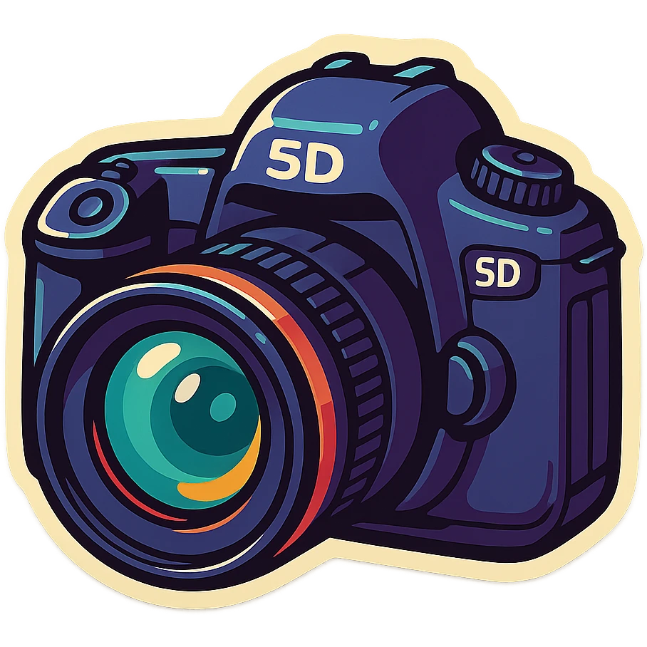 retro sticker style illustration of a DSLR camera inspired by Canon 5D Mark III, bold outlines, expressive shadows, glossy highlights, juicy playful bright look, classic DSLR shape and lens details emoji