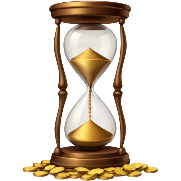 Realistic 3D render of a stack of shiny gold coins with brown hourglass beside it. The hourglass has transparent glass with dark golden-brown sand flowing inside and warm brown top and base. Soft lighting, clean white background, smooth shadows, high detail, symbolizing time and wealth. emoji